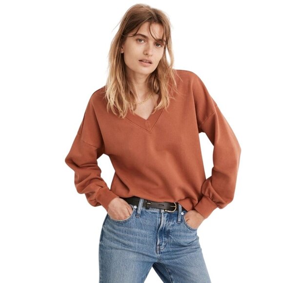 Madewell Womens XS Rust Orange V-Neck Sweatshirt 100% Cotton Ribbed Cuffs NWT - Picture 1 of 11